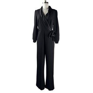 DKNY Women's Black Jumpsuit Satin Collar & Bow Tie V-Neck Sleeved Size 6